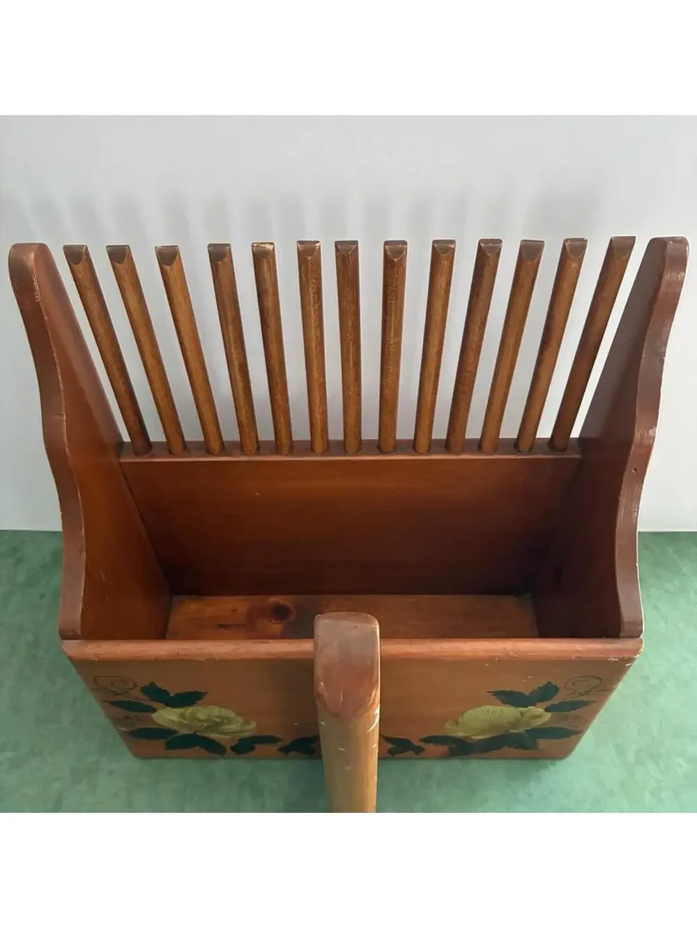Vintage Wooden Cranberry Scoop Basket Magazine Rack Hand Painted Floral